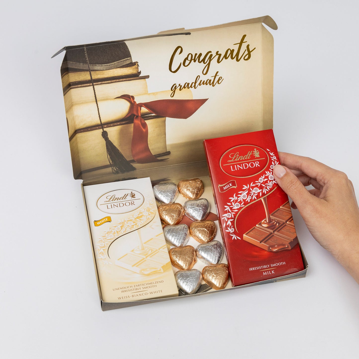 Lindt Lindor Milk White Chocolate Bars Hearts Hamper Gift Graduation Graduate