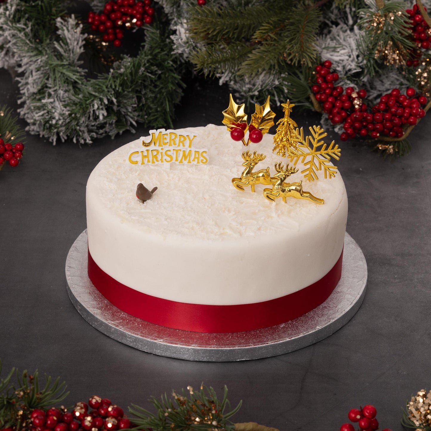 Gold Christmas Cake Topper Set: Snowflake, Reindeer, Tree (7 pc)