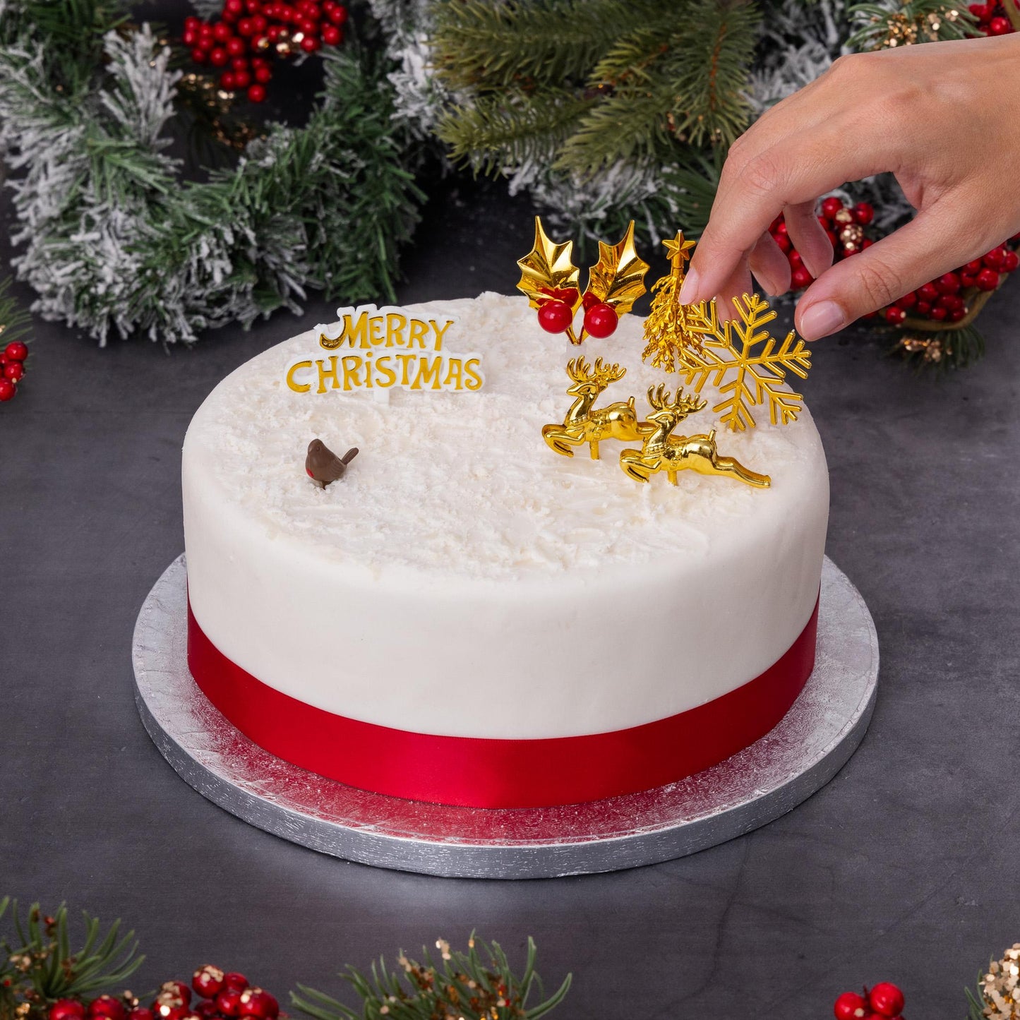 Gold Christmas Cake Topper Set: Snowflake, Reindeer, Tree (7 pc)