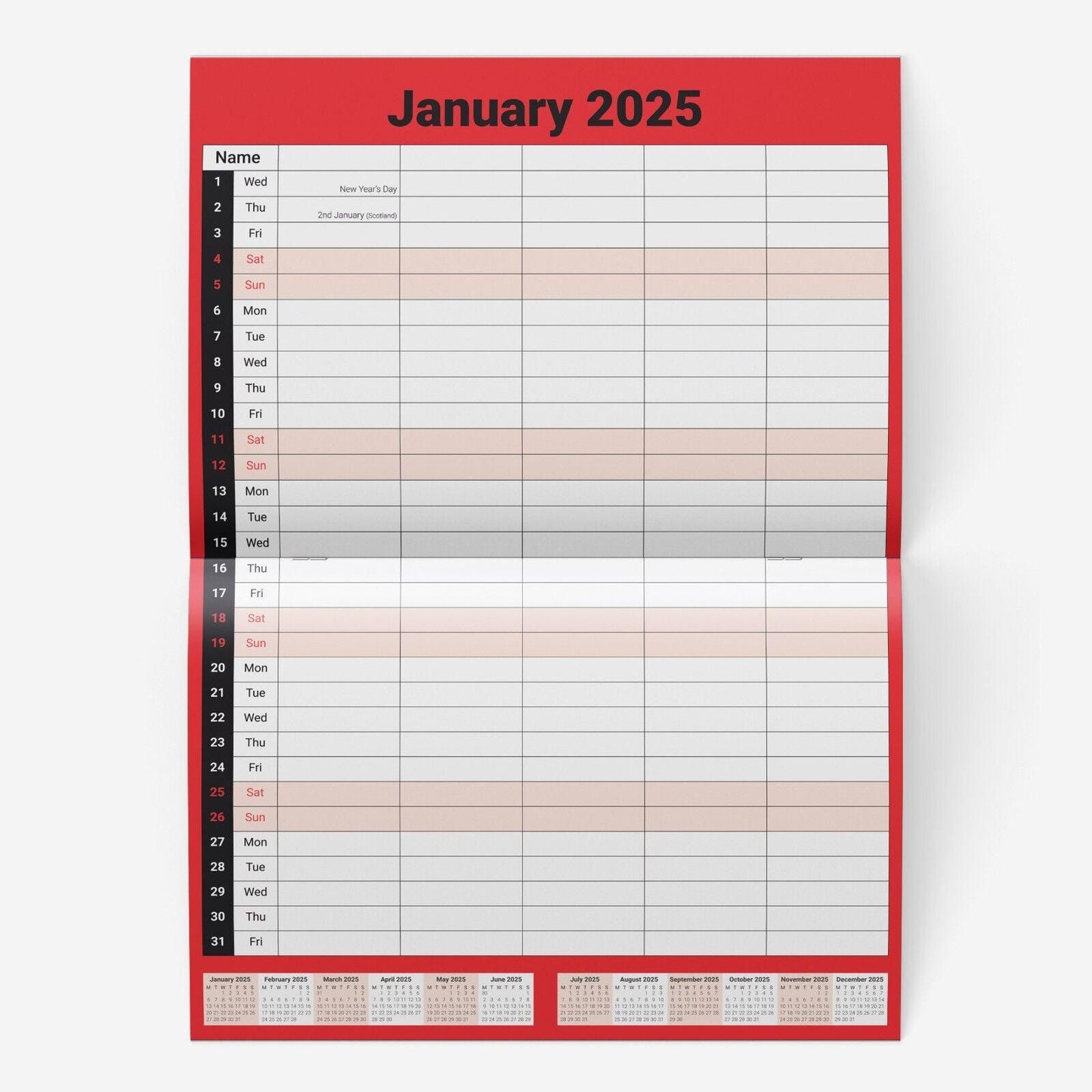 2024 or 2025 Calendar 5 Columns Wall Monthly Planner Staff Rota Family Organiser M2M