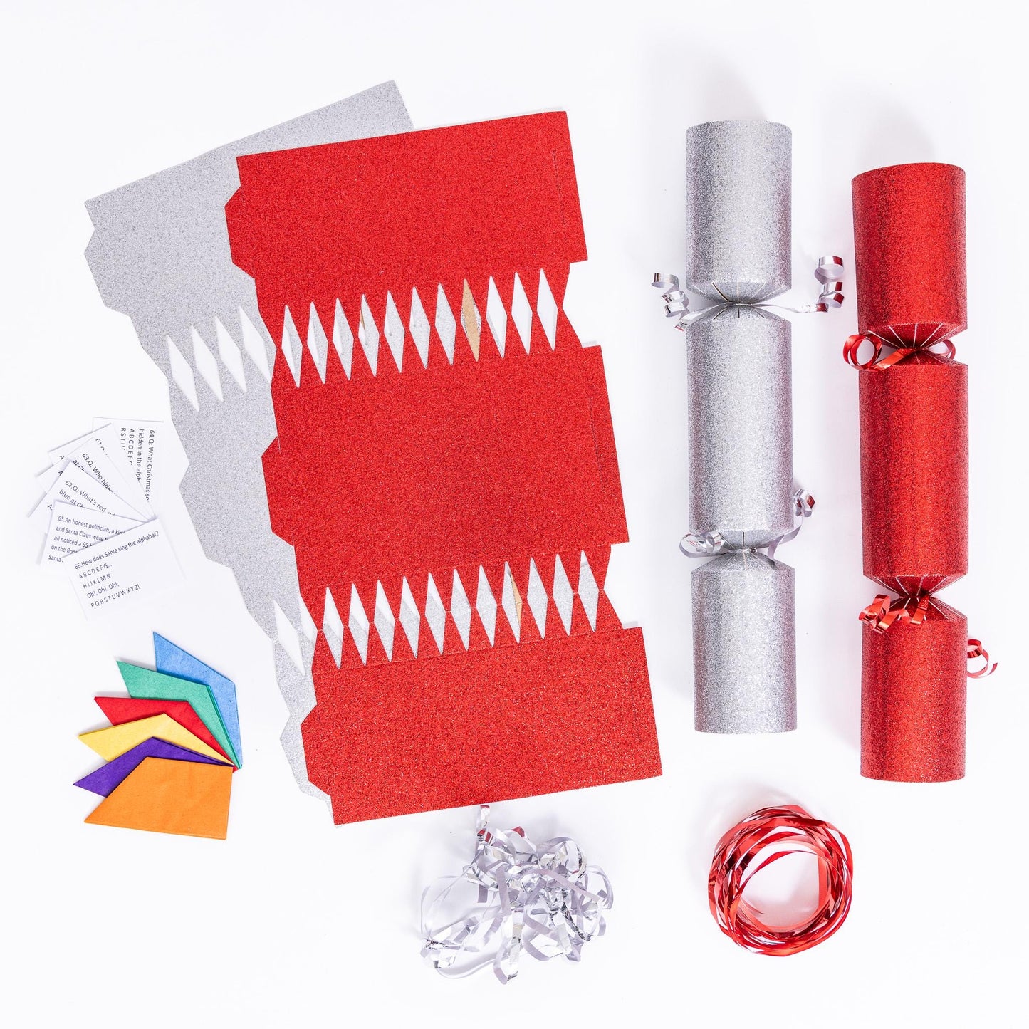 12 Make Your Own Christmas Cracker kit Crackers Hats Snaps RED and silver GLITTER