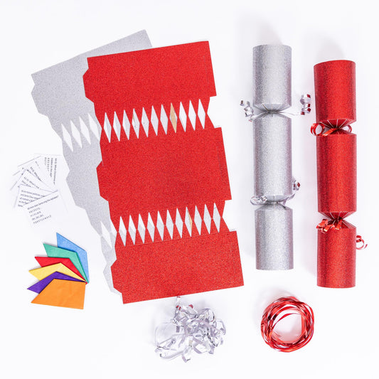 12 Make Your Own Christmas Cracker kit Crackers Hats Snaps RED and silver GLITTER
