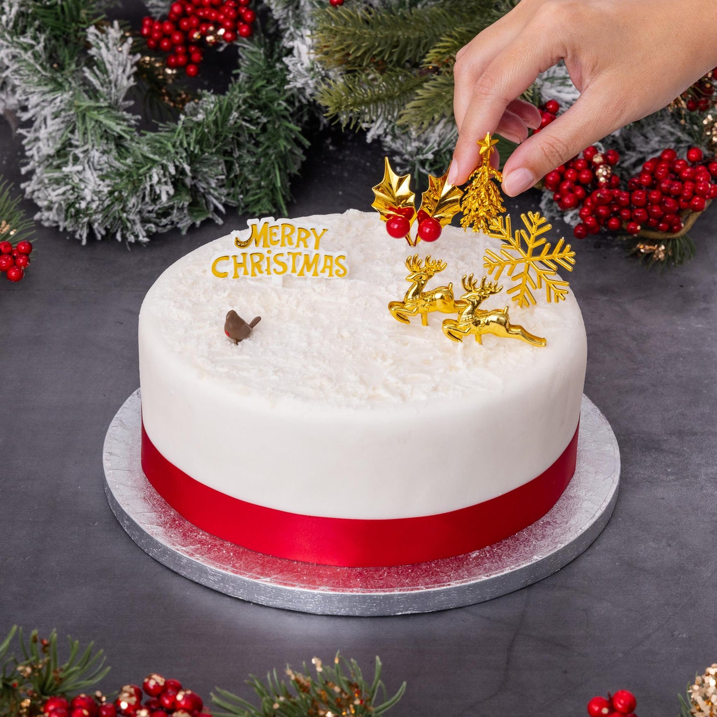 Gold Christmas Cake Topper Set: Snowflake, Reindeer, Tree (7 pc)