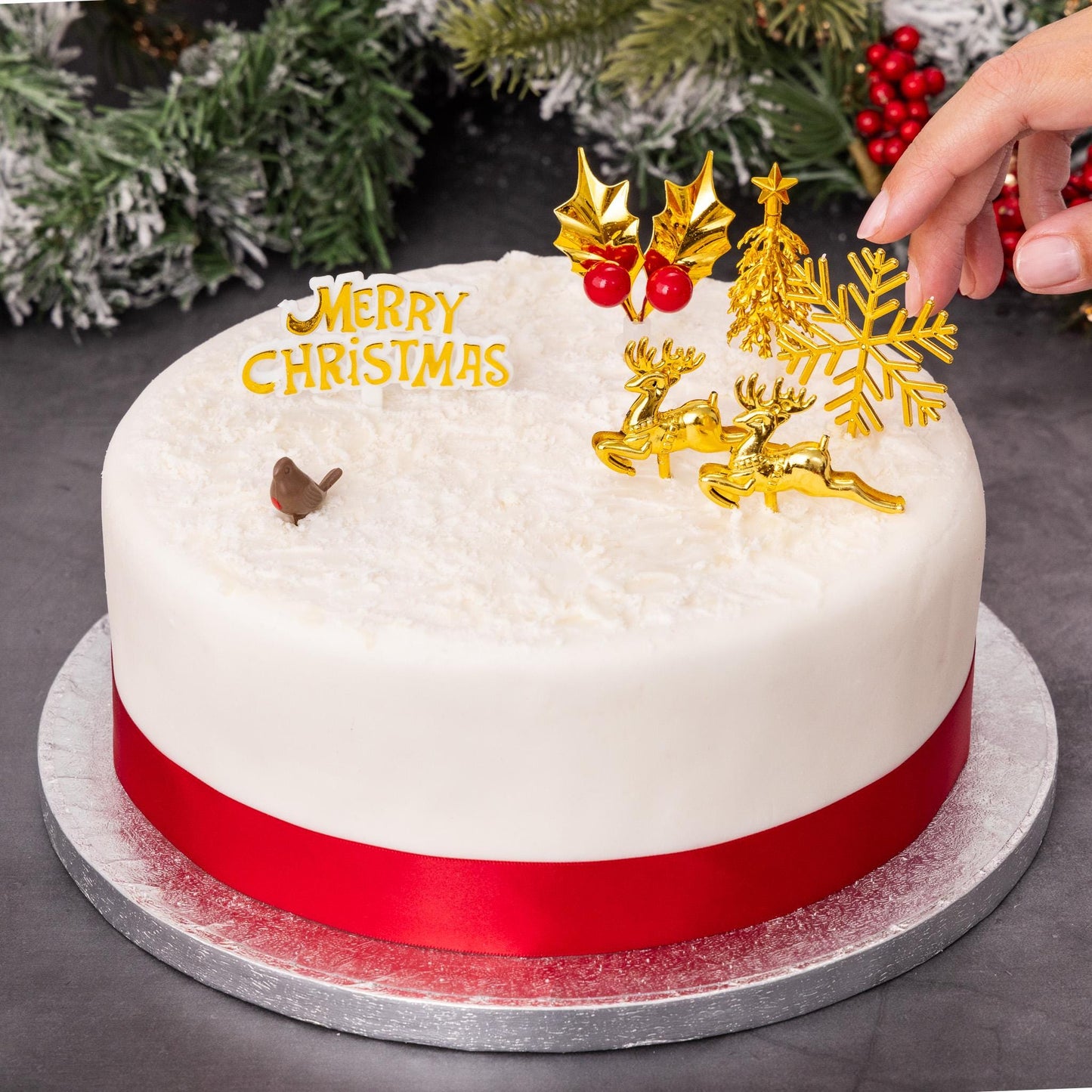 Gold Christmas Cake Topper Set: Snowflake, Reindeer, Tree (7 pc)