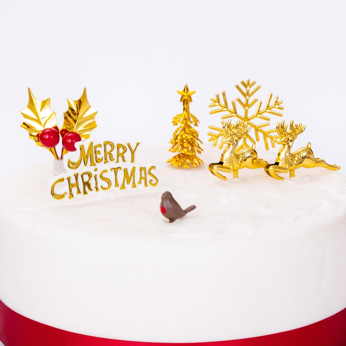 7 pc gold Christmas cake topper gold set holly 7 piece Cake Decorations log cupcake toppers