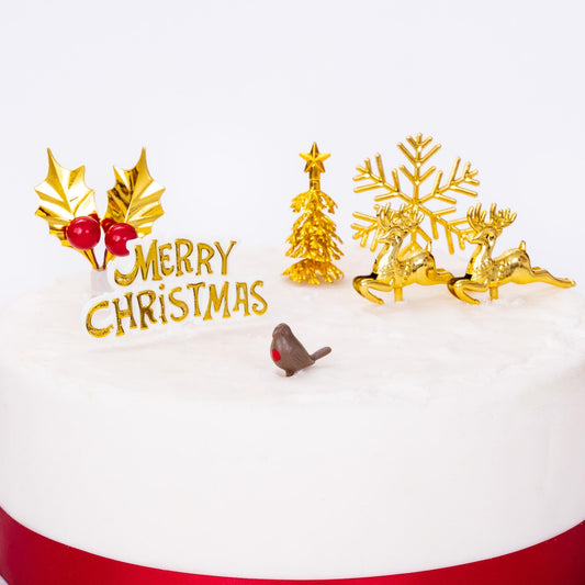 Gold Christmas Cake Topper Set: Snowflake, Reindeer, Tree (7 pc)