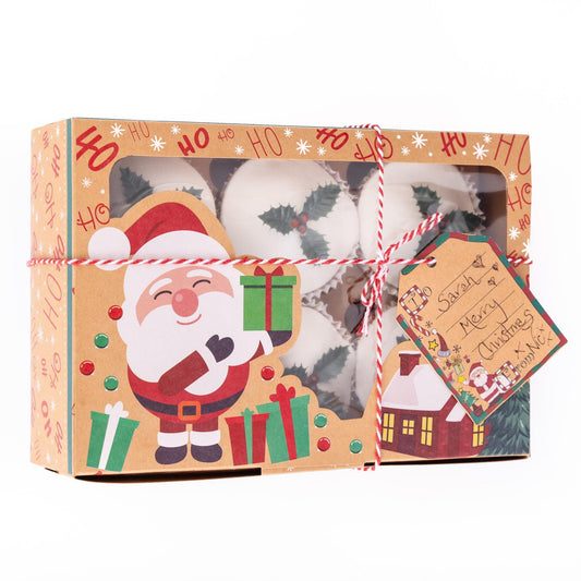 6 Hole Christmas Boxes Kraft Windowed Insert Ribbon Tag Bulk Snowman