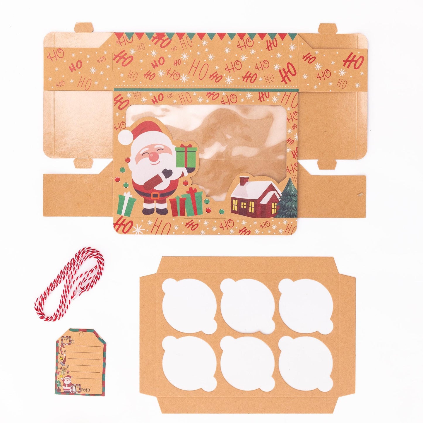 6 Hole Christmas Boxes Kraft Windowed Insert Ribbon Tag Bulk Snowman