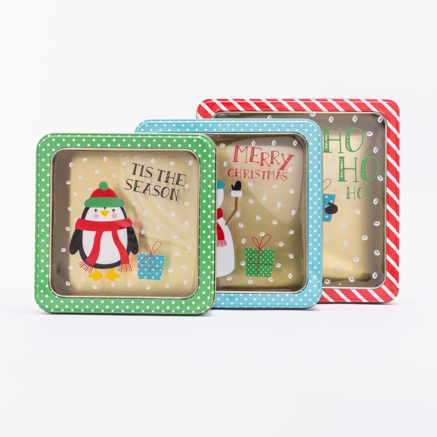 3 Christmas Tins Jars Storage Tin Container Canisters Square Cookie Biscuit