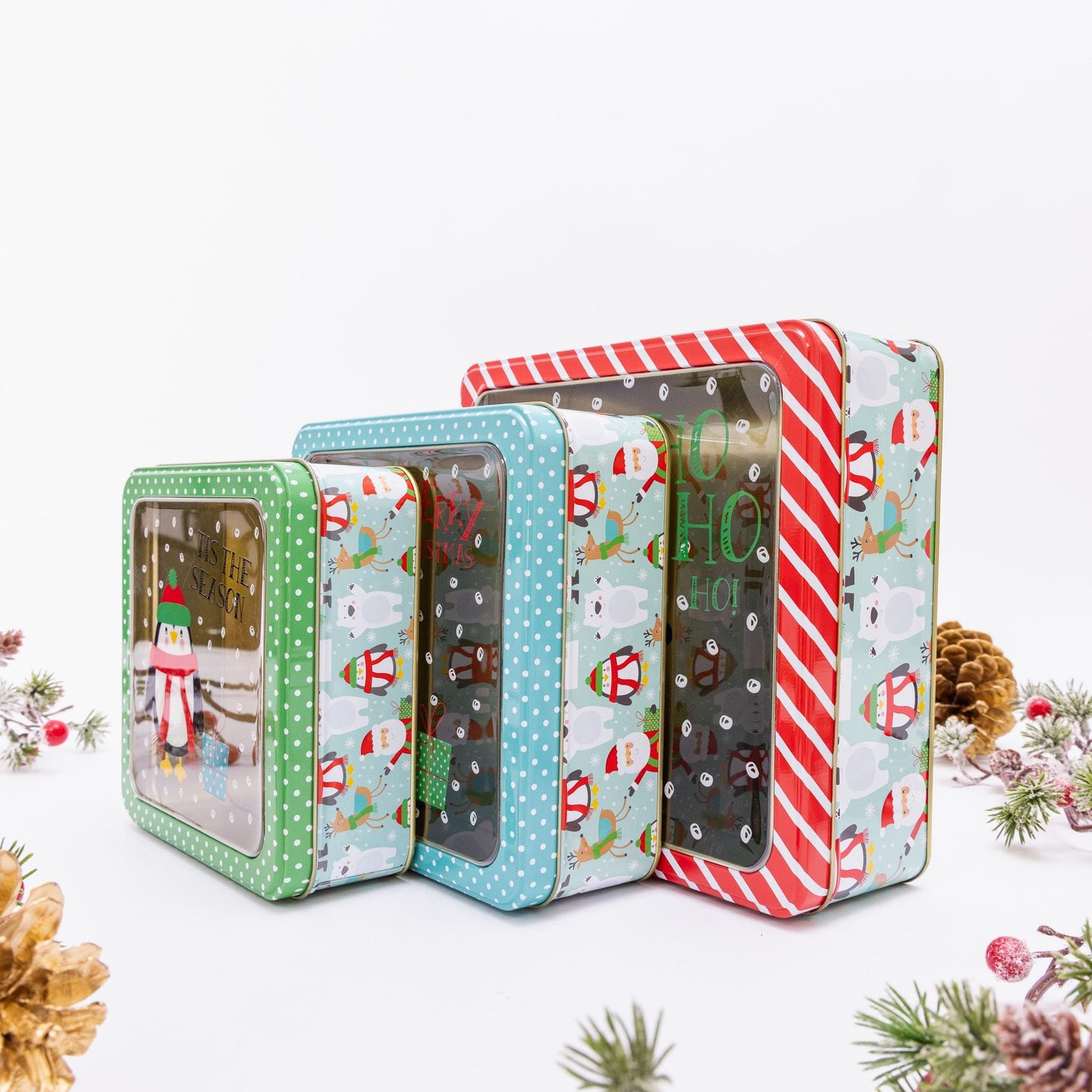 3 Christmas Tins Jars Storage Tin Container Canisters Square Cookie Biscuit