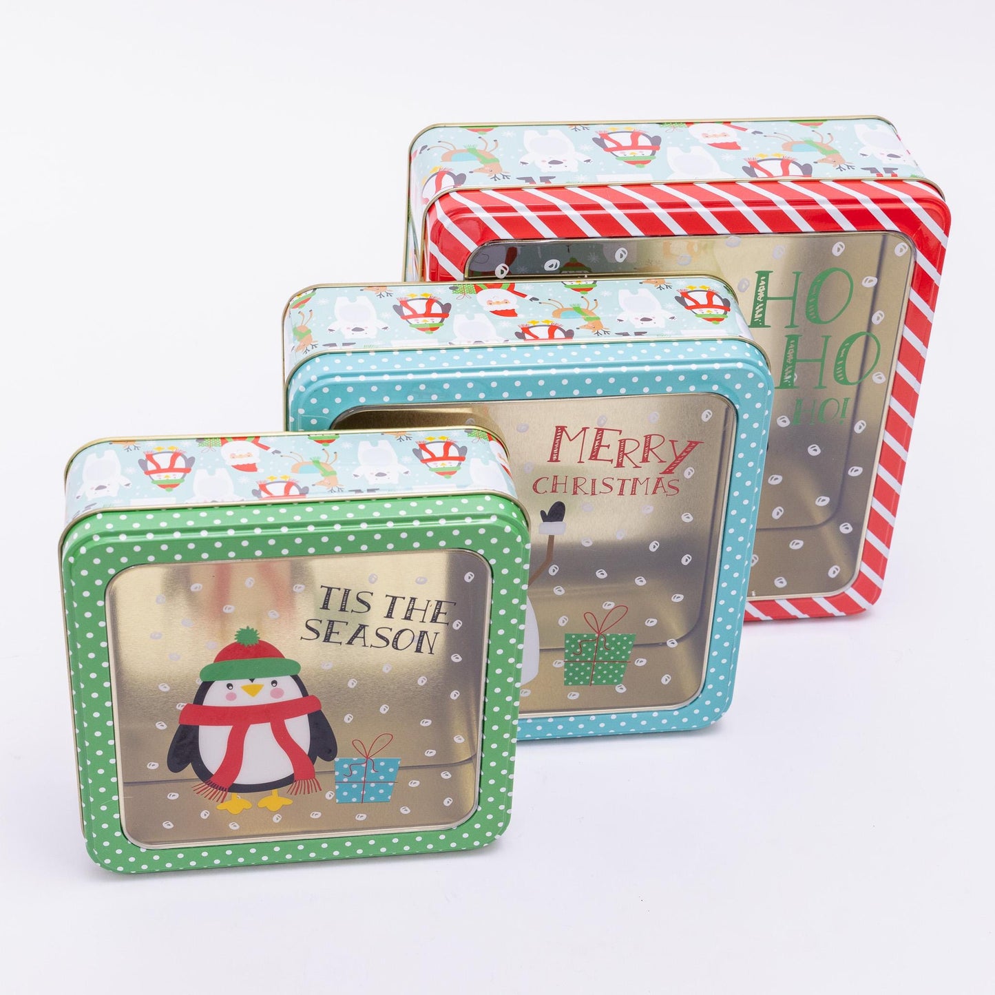 3 Christmas Tins Jars Storage Tin Container Canisters Square Cookie Biscuit