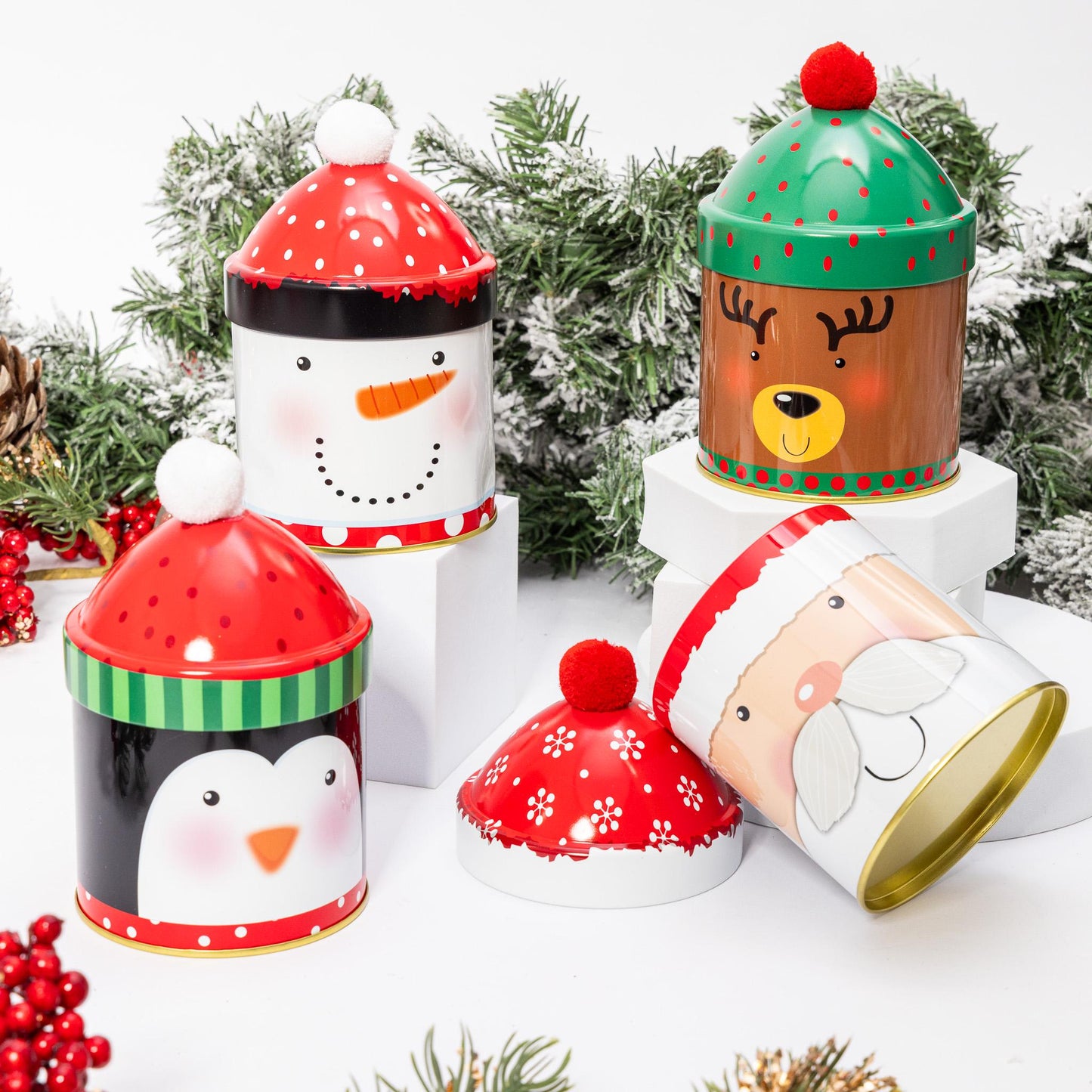 4 Christmas Tins Jars Storage Tin Container Canisters Round Cookie Biscuit