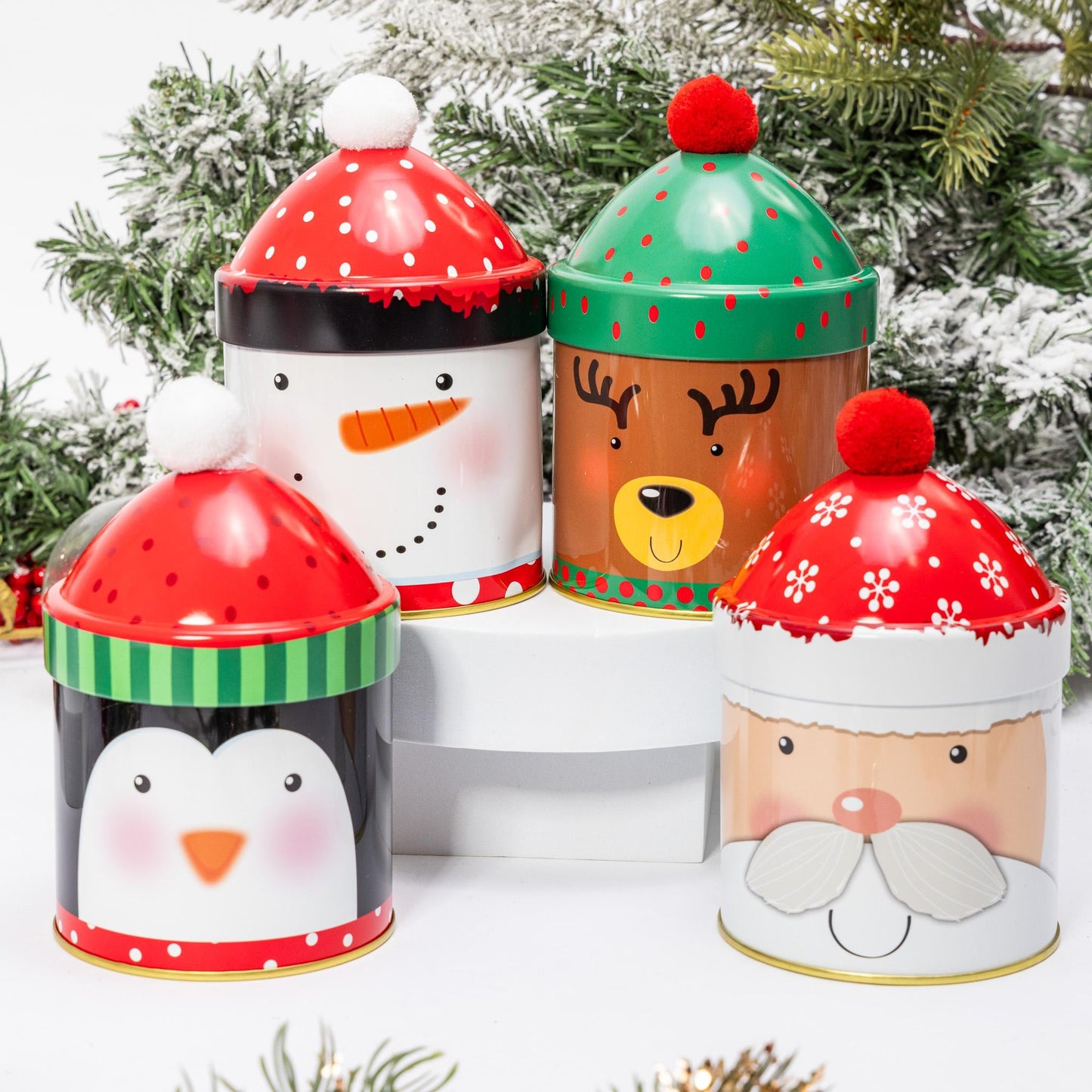 4 Christmas Tins Jars Storage Tin Container Canisters Round Cookie Biscuit