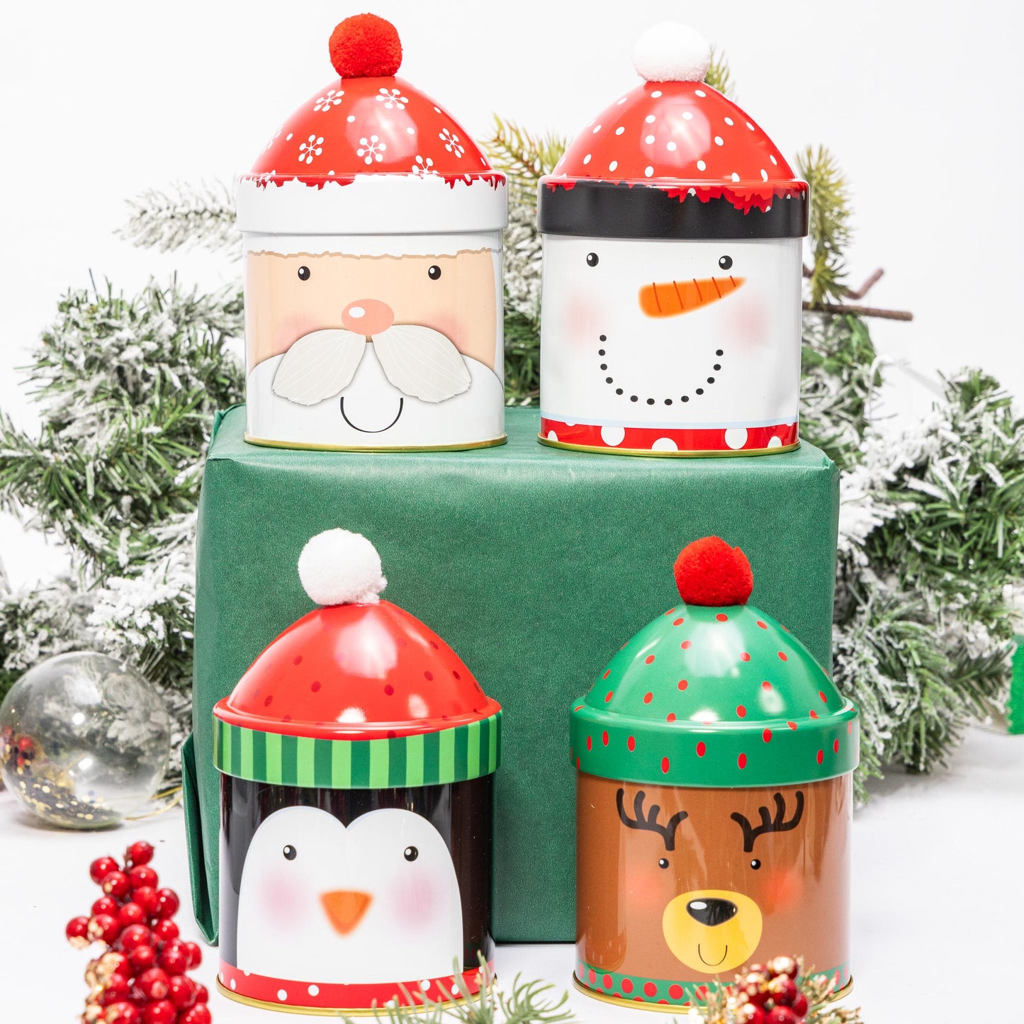 4 Christmas Tins Jars Storage Tin Container Canisters Round Cookie Biscuit