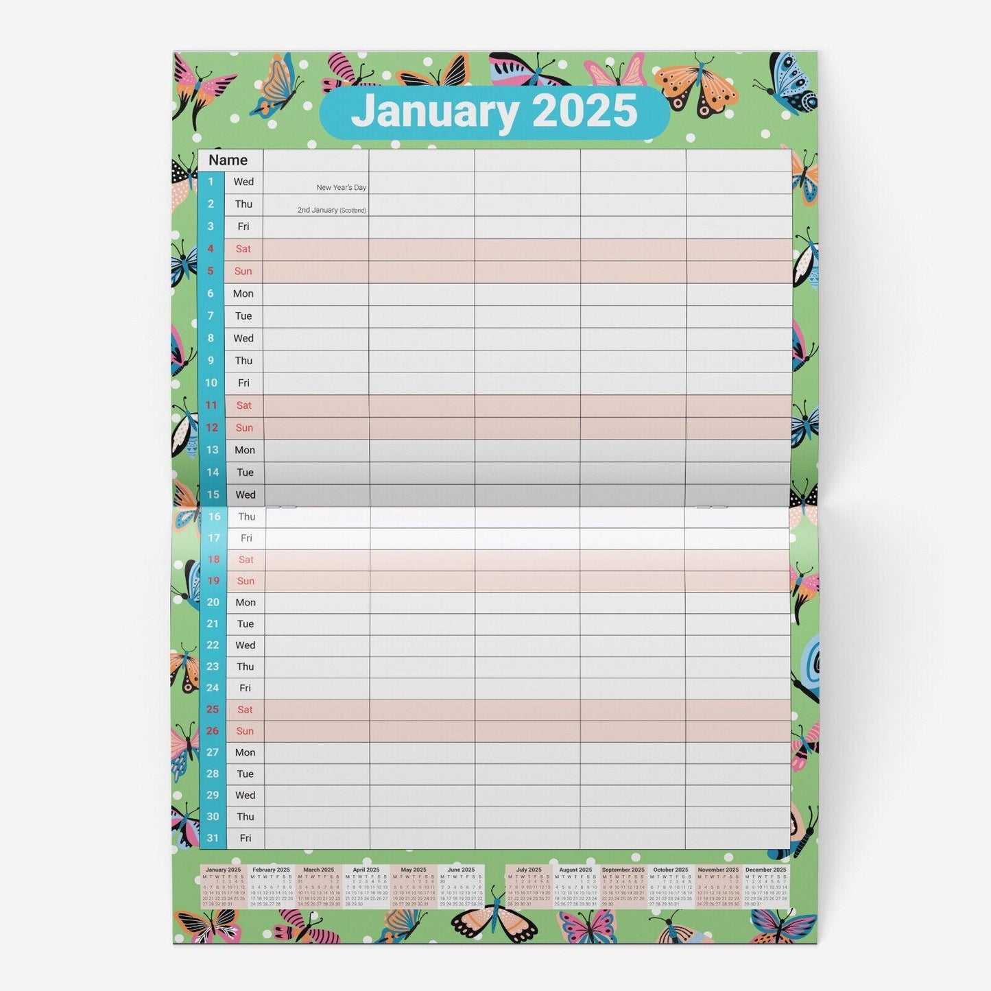 2025 A3 Month to View Family Home Planner 5 Column Wall All Family Organiser