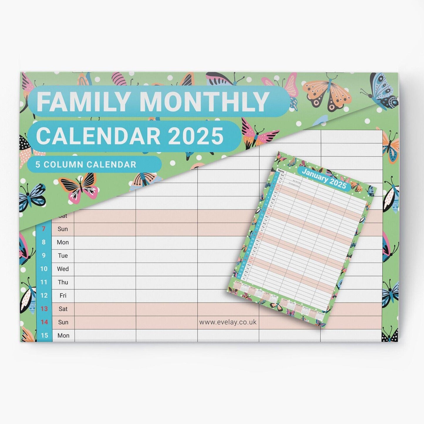 2025 A3 Month to View Family Home Planner 5 Column Wall All Family Organiser