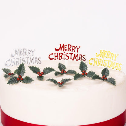 Merry Christmas Cake Topper Set – 3 Signs & 6 Holly Sprays – image 4
