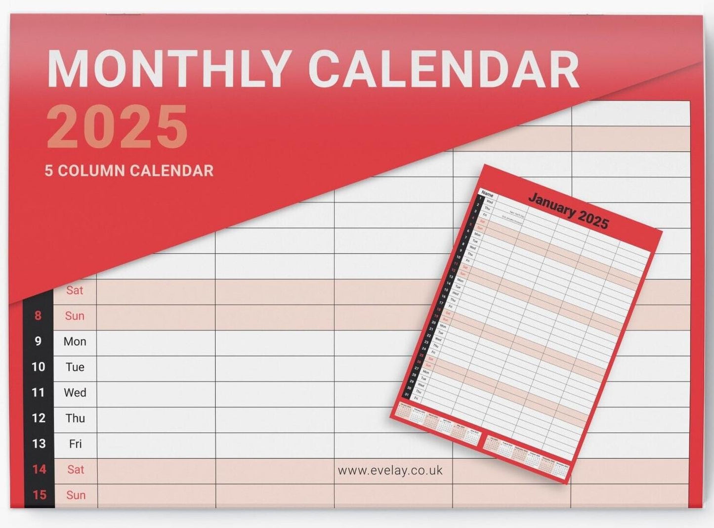 2024 or 2025 Calendar 5 Columns Wall Monthly Planner Staff Rota Family Organiser M2M