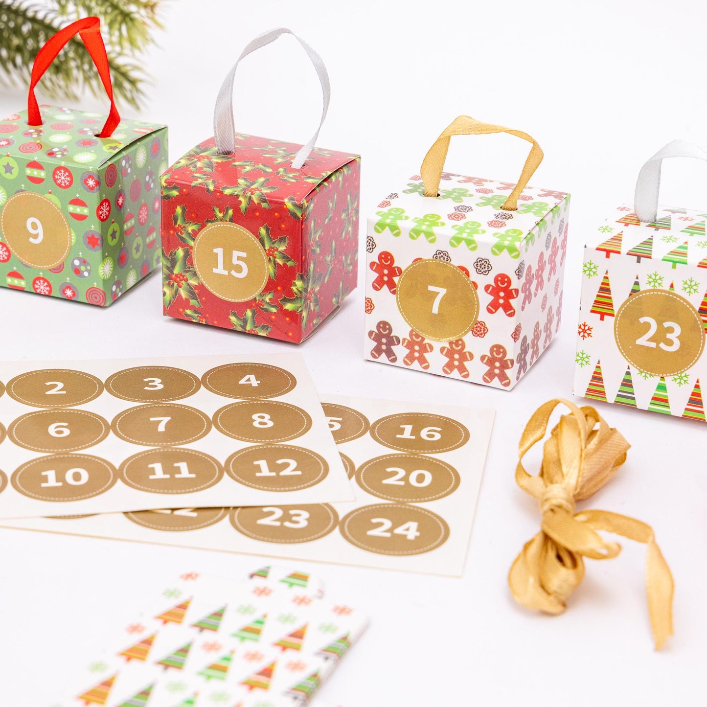 DIY Christmas Advent Calendar Kit: 24 Boxes, Ribbons, Stickers