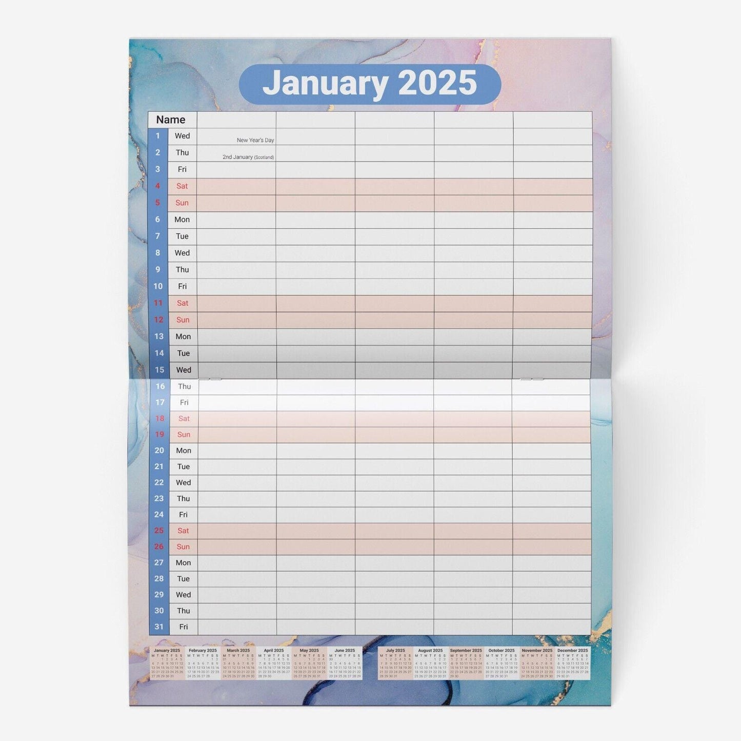 2025 Calendar Wall Monthly Planner Staff Rota Family Organiser Marble