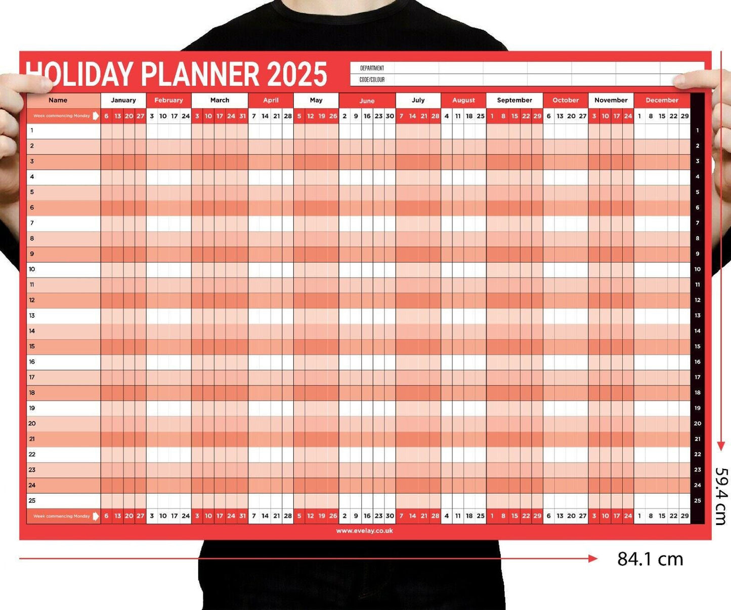 2025 A1 Size Staff Holiday Year Wall Planner Calendar Home Office Work JAN DEC