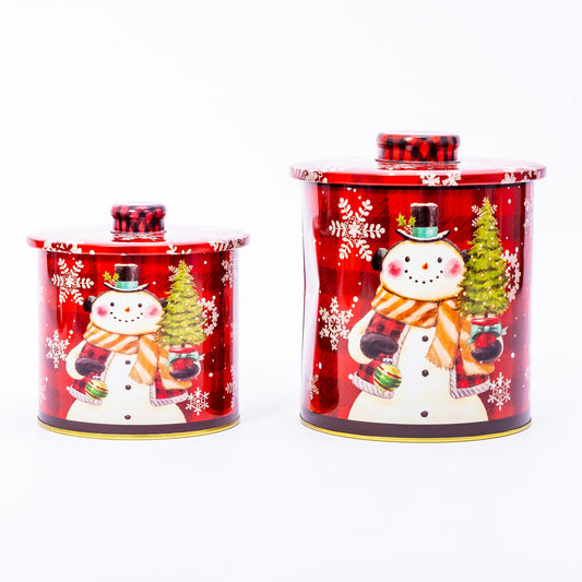 2 Christmas Tins Jars Storage Tin Container Canisters Cookie Biscuit Snowman