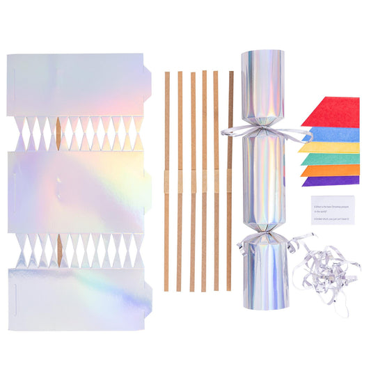 DIY Christmas Cracker Kit: White Foil, Hats, Snaps - Pack of 6