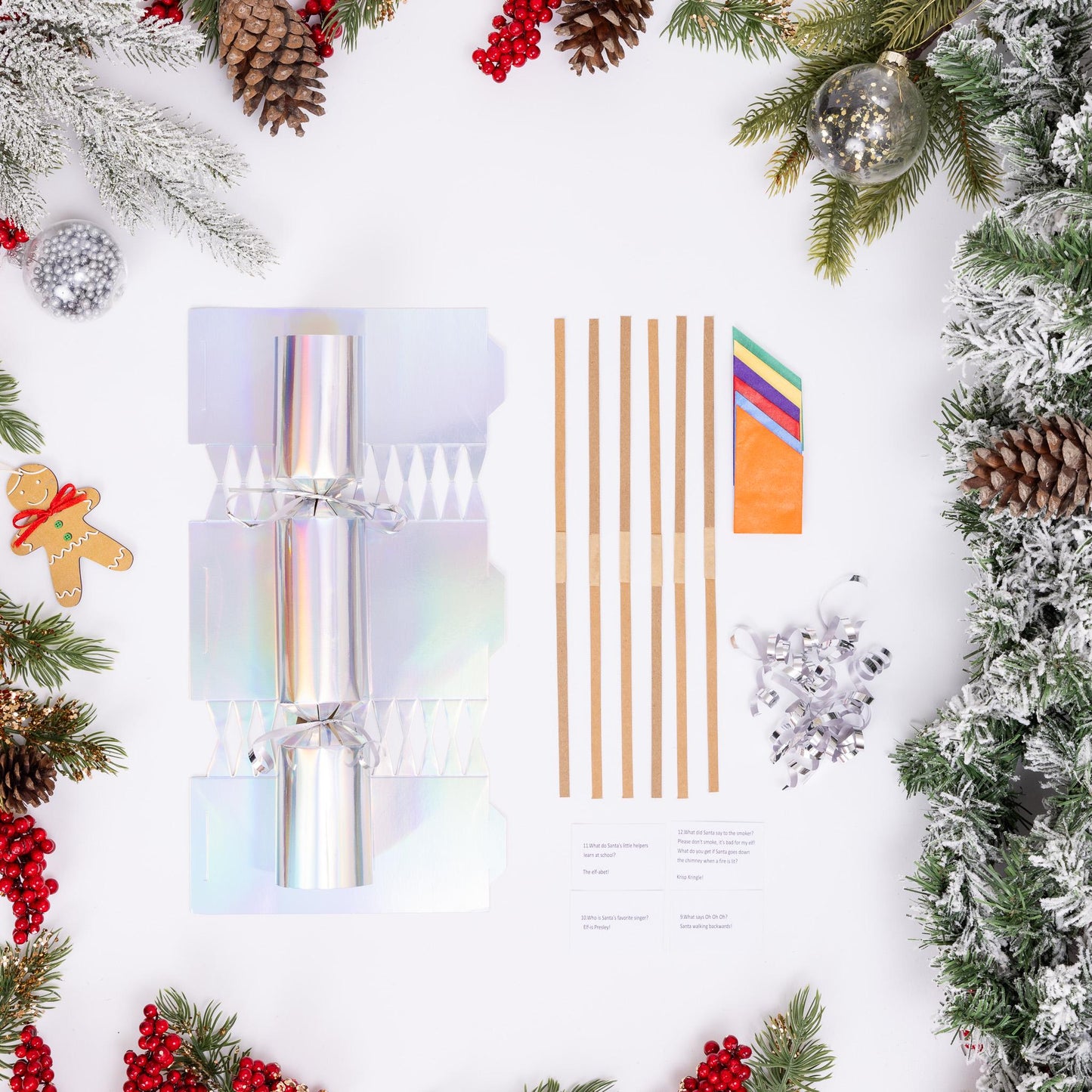DIY Christmas Cracker Kit: White Foil, Hats, Snaps - Pack of 6