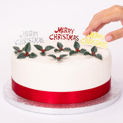 Merry Christmas Cake Topper Set – 3 Signs & 6 Holly Sprays