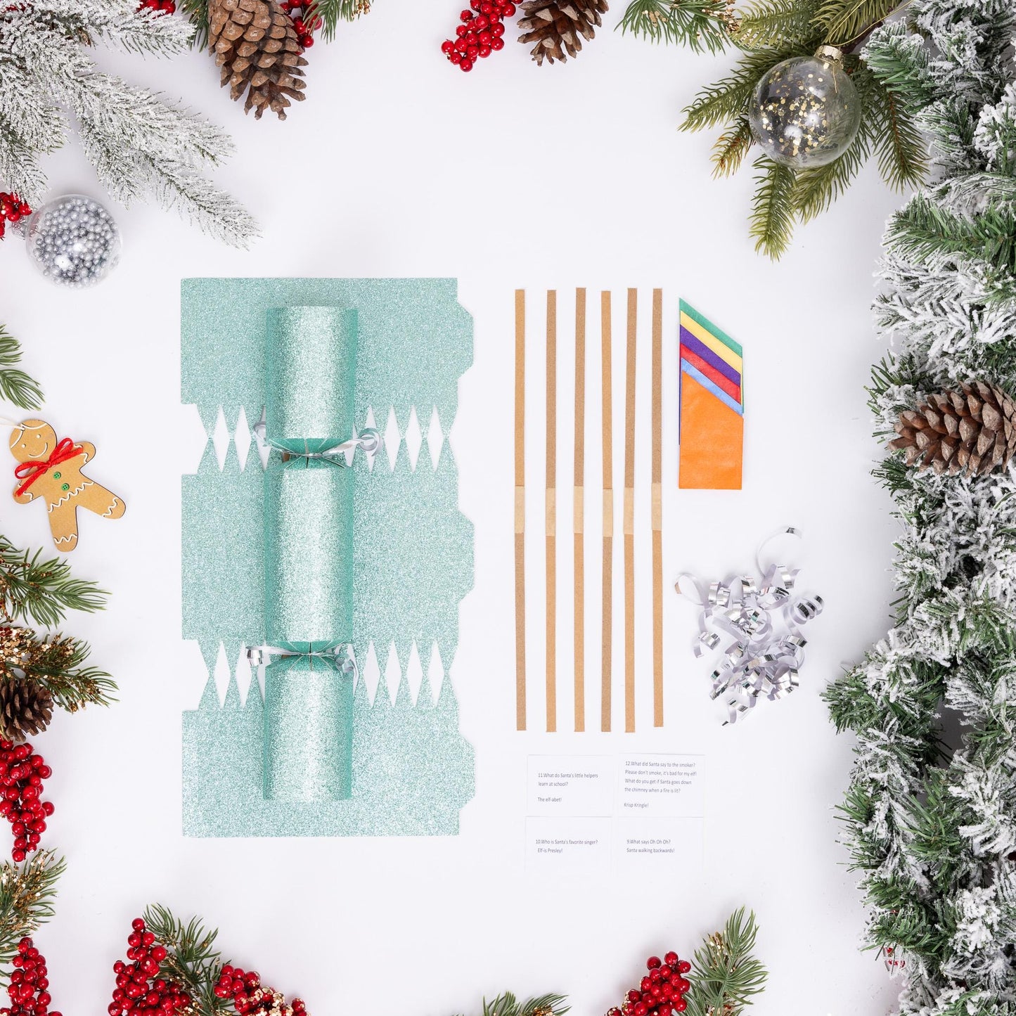 DIY Christmas Cracker Kit: Mint Glitter, Hats, Snaps - Pack of 6