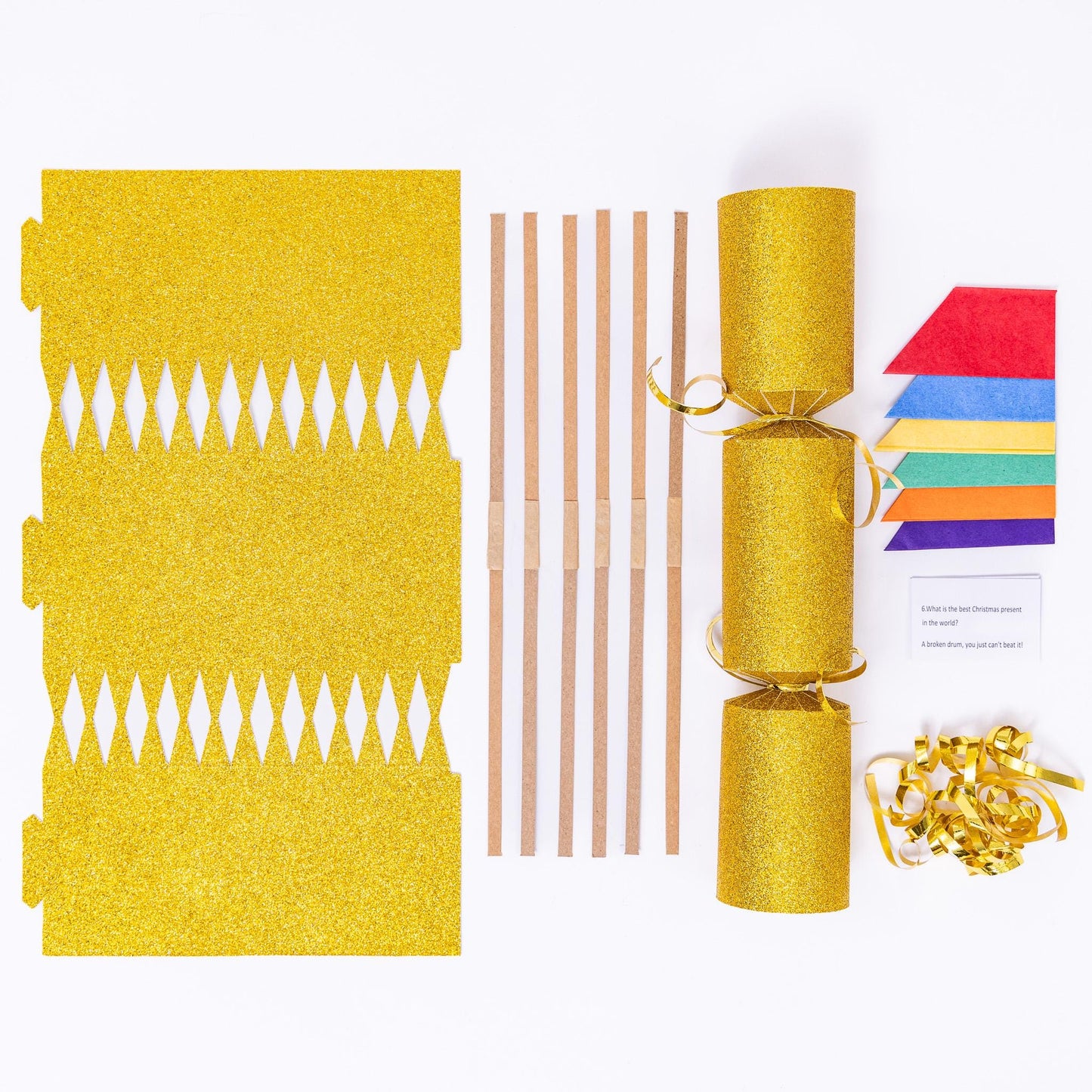 12 Make Your Own Christmas Cracker kit Crackers Hats Snaps Gold and Green GLITTER