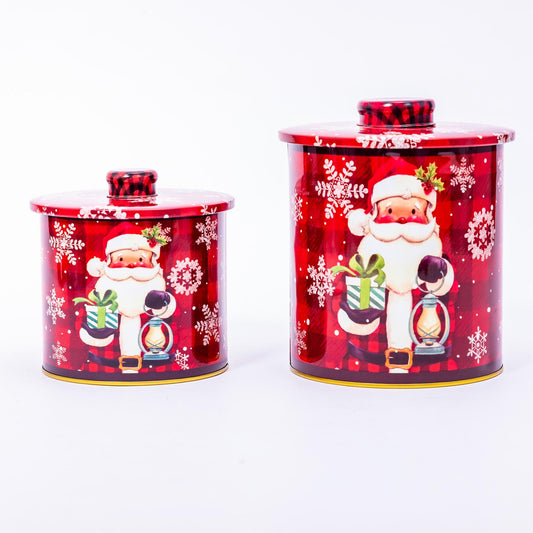 2 Christmas Tins Jars Storage Tin Container Canisters Cookie Biscuit Santa