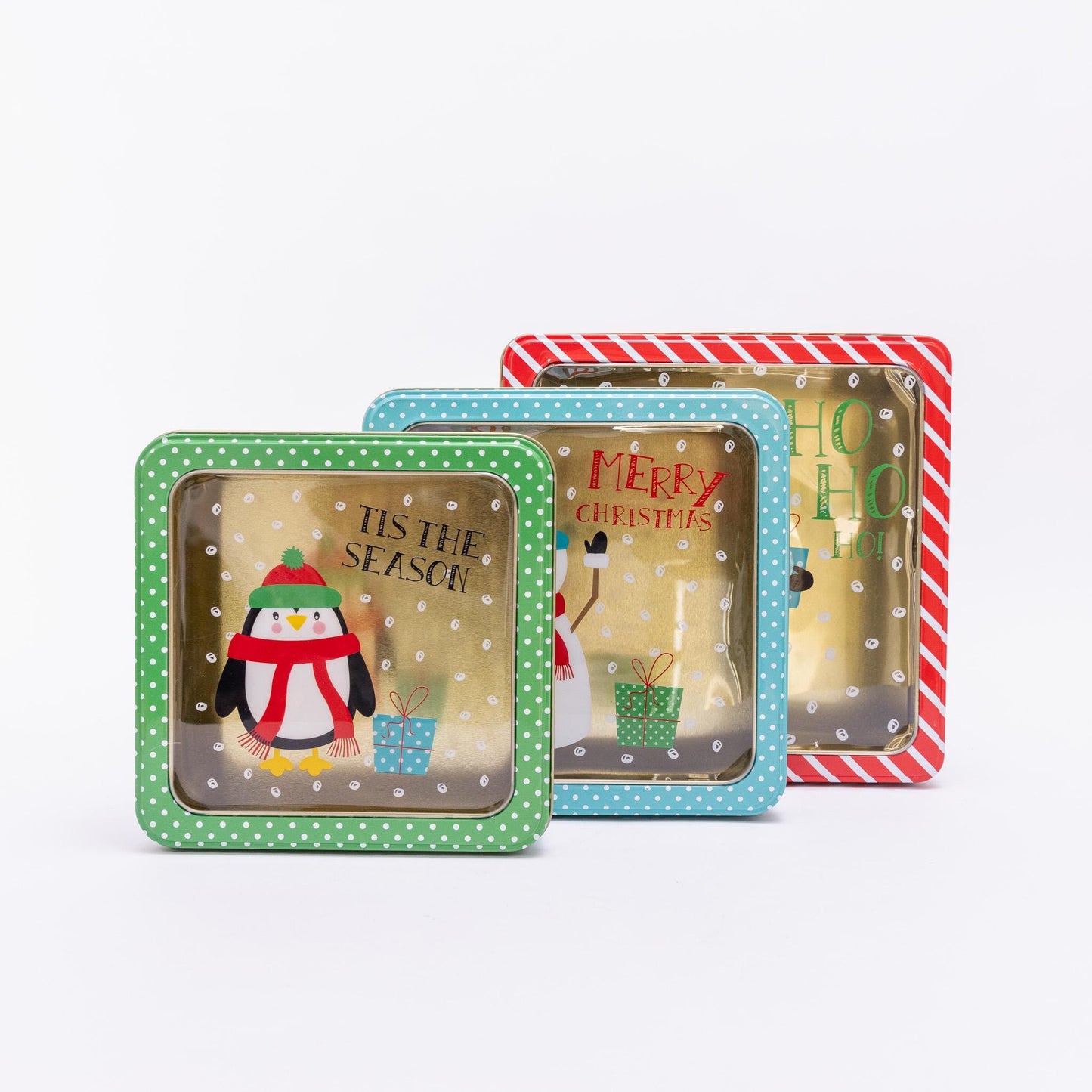 3 Christmas Tins Jars Storage Tin Container Canisters Square Cookie Biscuit