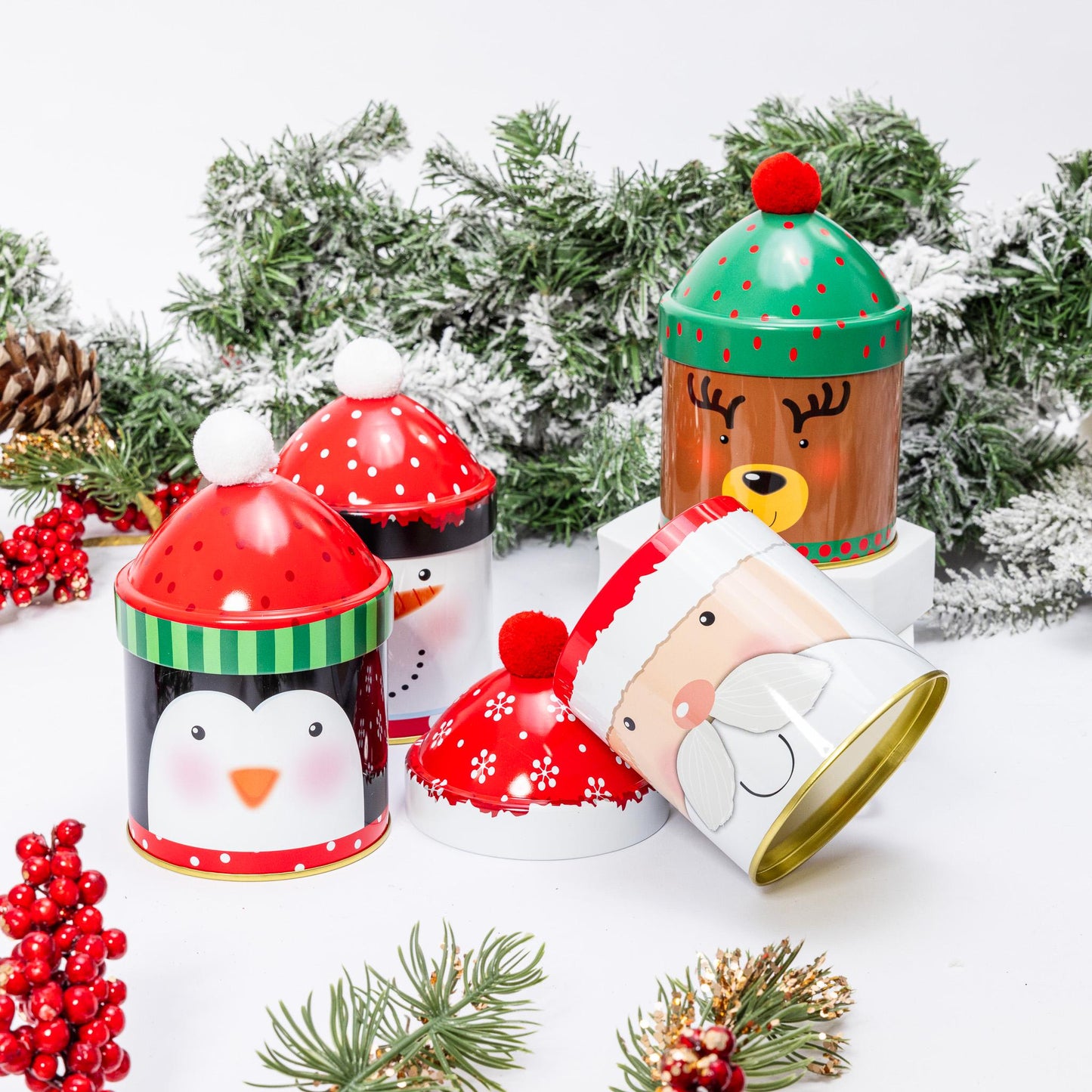 4 Christmas Tins Jars Storage Tin Container Canisters Round Cookie Biscuit