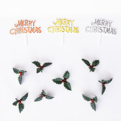 Merry Christmas Cake Topper Set – 3 Signs & 6 Holly Sprays – image 3