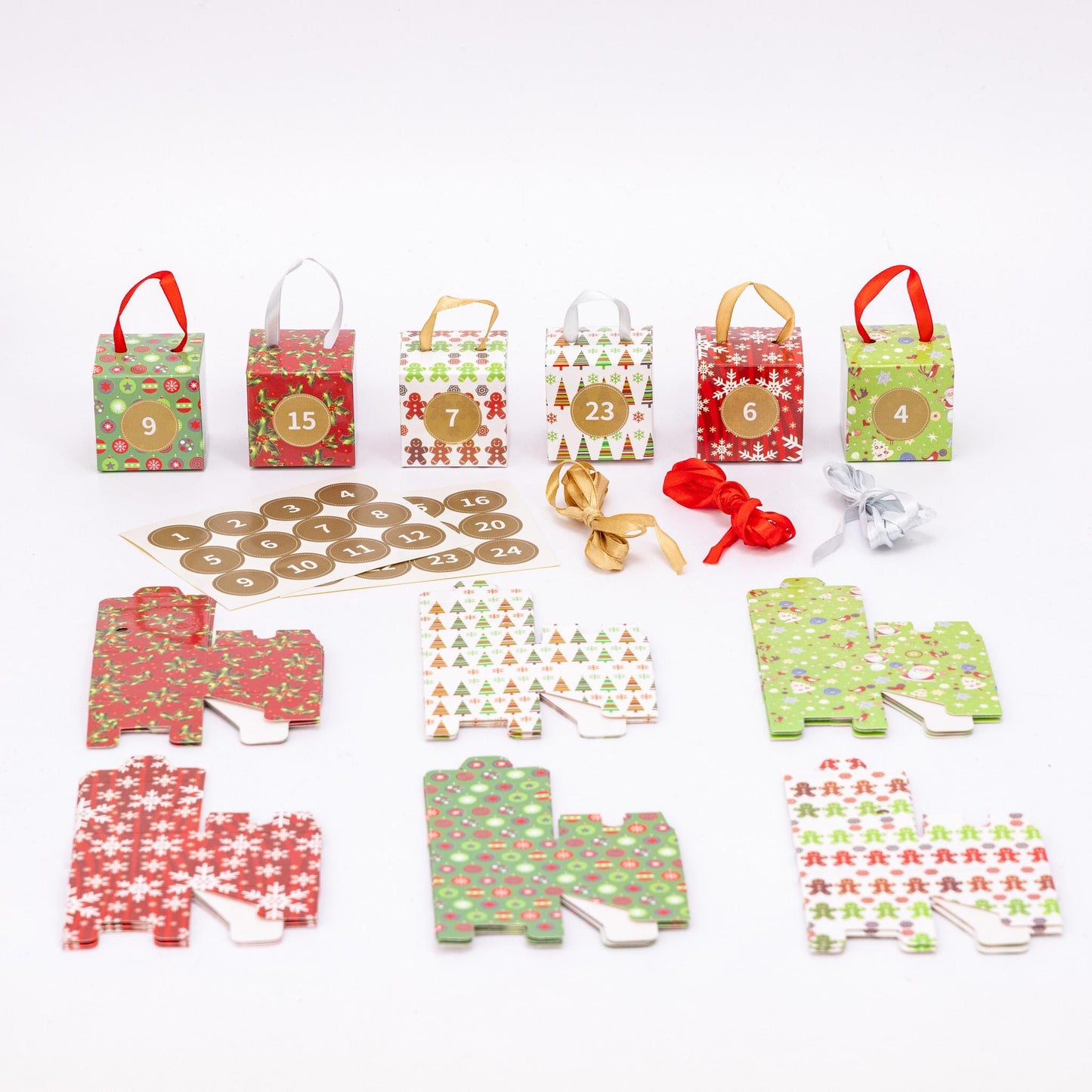 DIY Christmas Advent Calendar Kit: 24 Boxes, Ribbons, Stickers