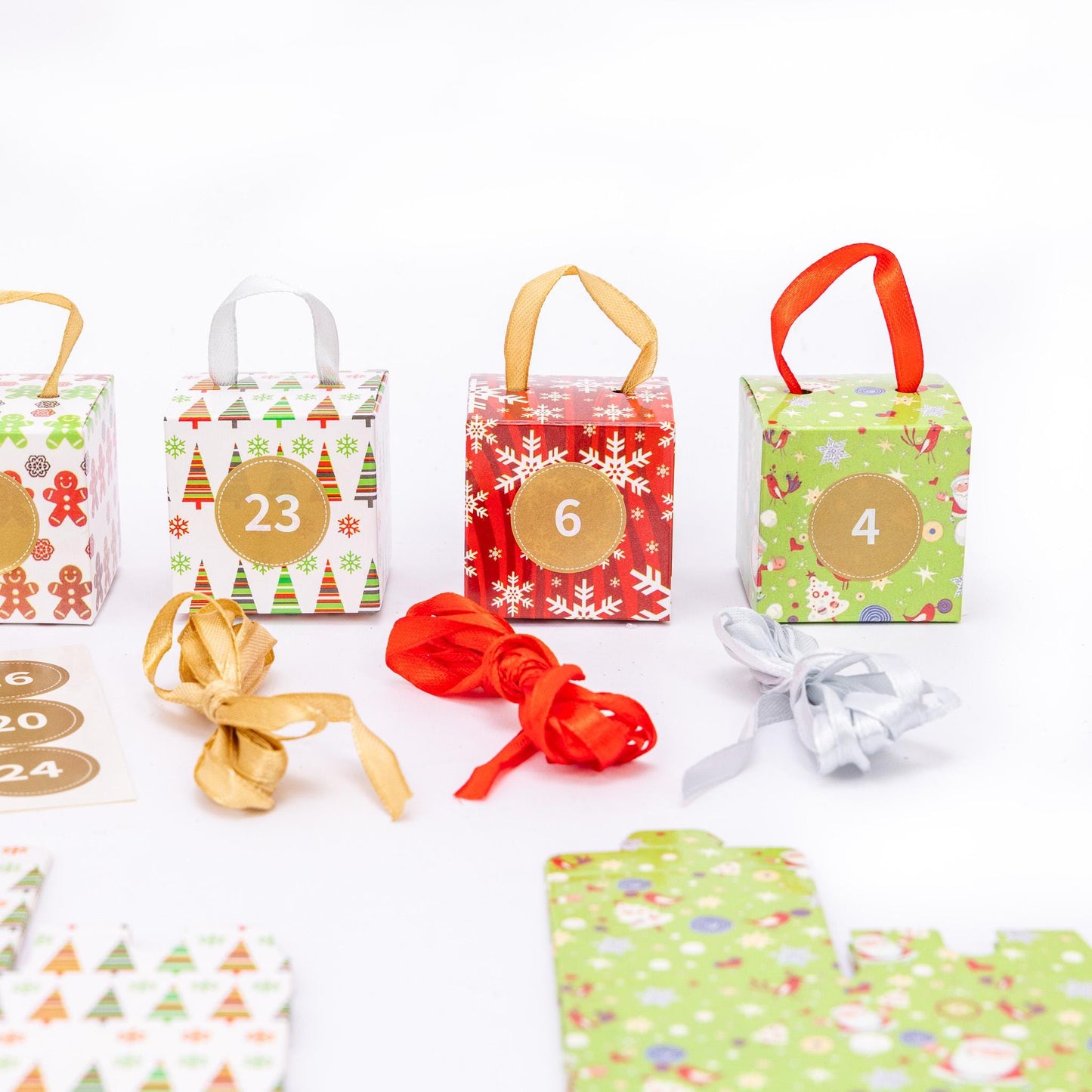 DIY Christmas Advent Calendar Kit: 24 Boxes, Ribbons, Stickers