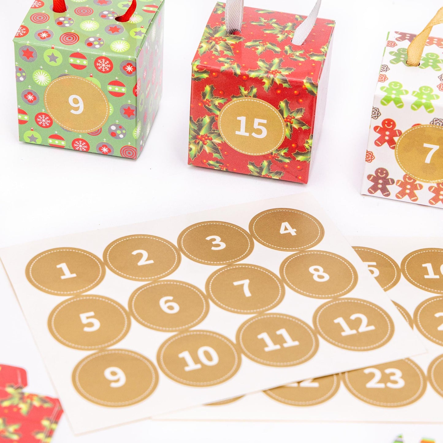 DIY Christmas Advent Calendar Kit: 24 Boxes, Ribbons, Stickers