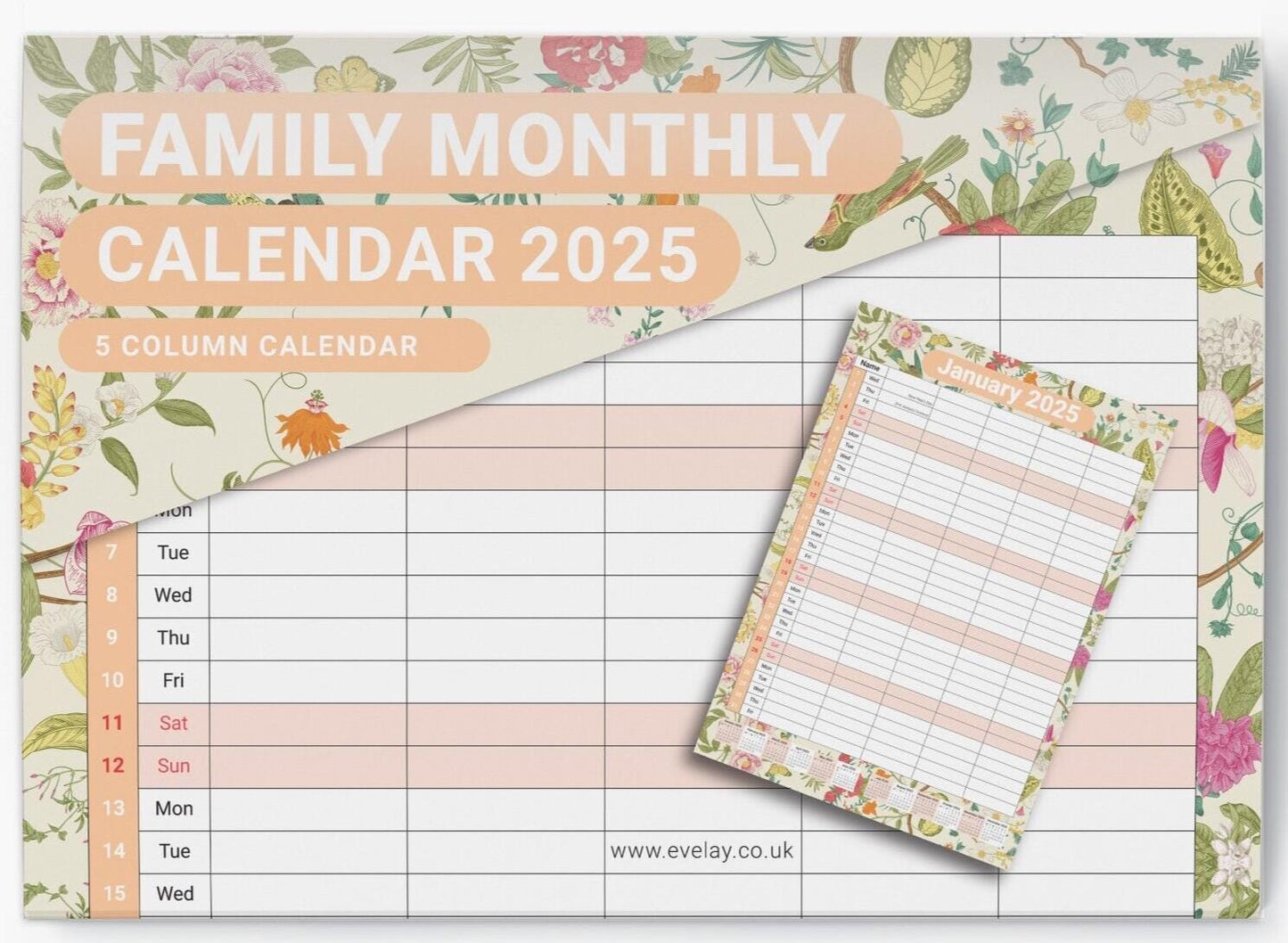 2025 Calendar Wall Monthly Planner Staff Rota Family Organiser 5 Columns Flowers