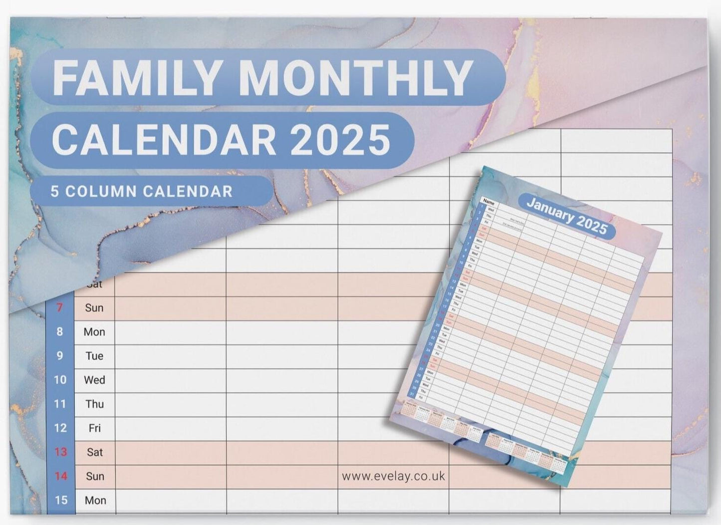 2025 Calendar Wall Monthly Planner Staff Rota Family Organiser Marble