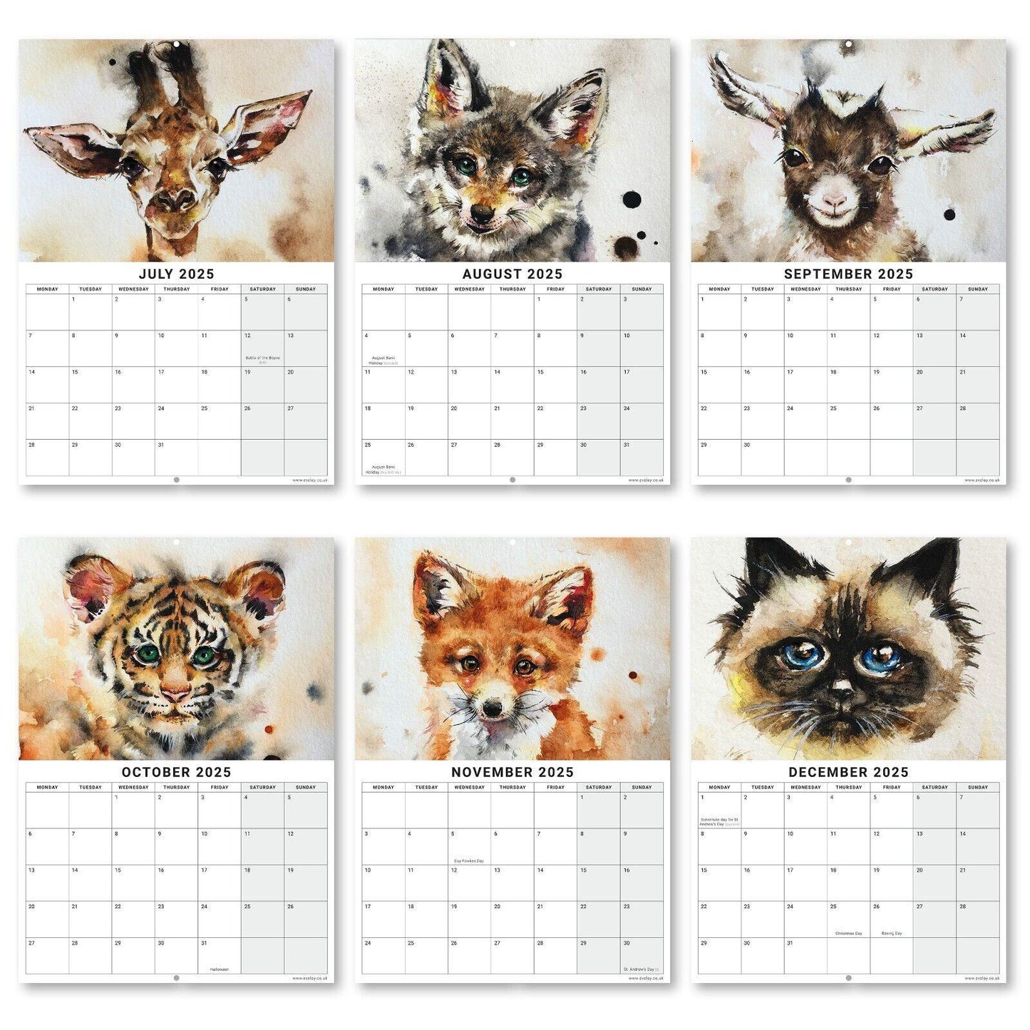 2025 Calendar Watercolour Animals Wall Monthly Planner Family Home Organiser