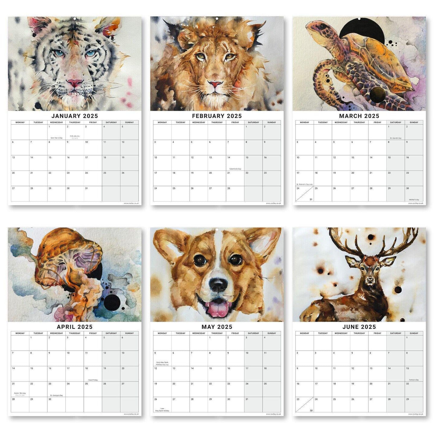 2025 Calendar Watercolour Animals Wall Monthly Planner Family Home Organiser