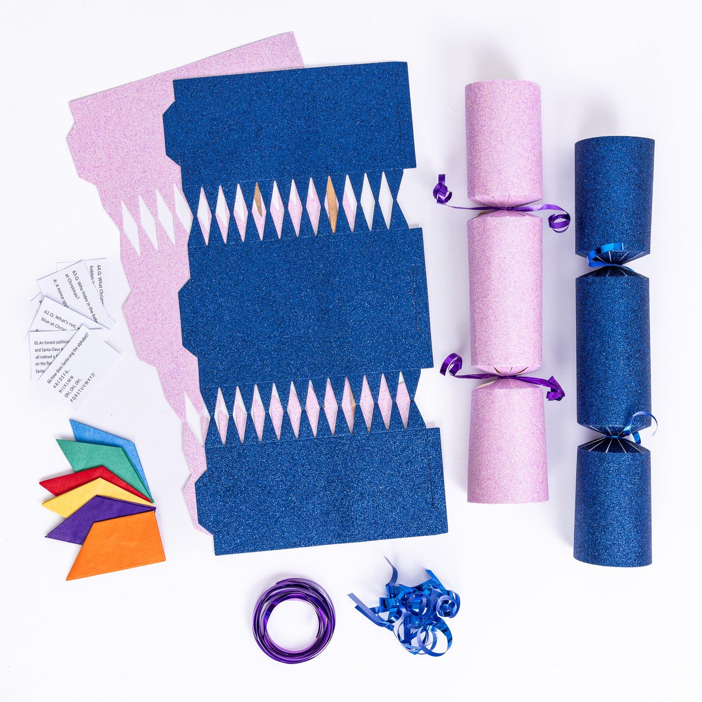 12 Make Your Own Christmas Cracker kit Crackers Hats Snaps Navy and baby pink GLITTER