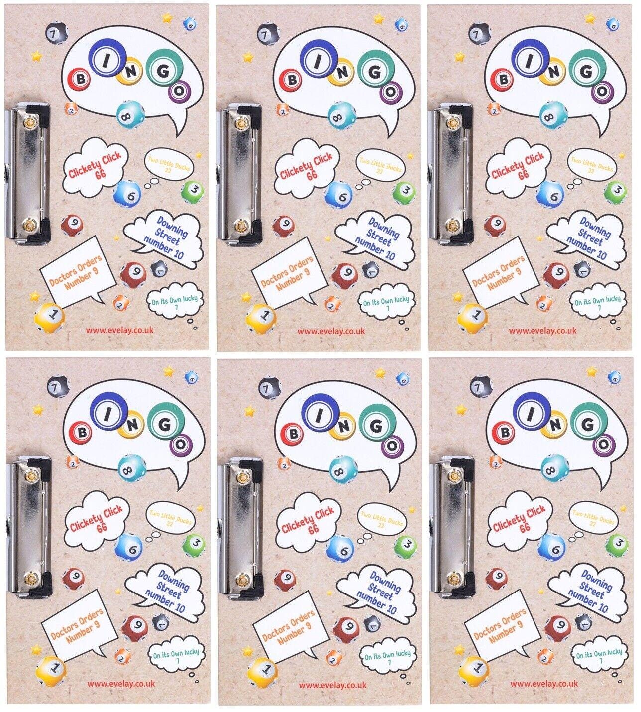 6 Pack Colorful Bingo Board with Metal Clip - Lucky Bingo Game