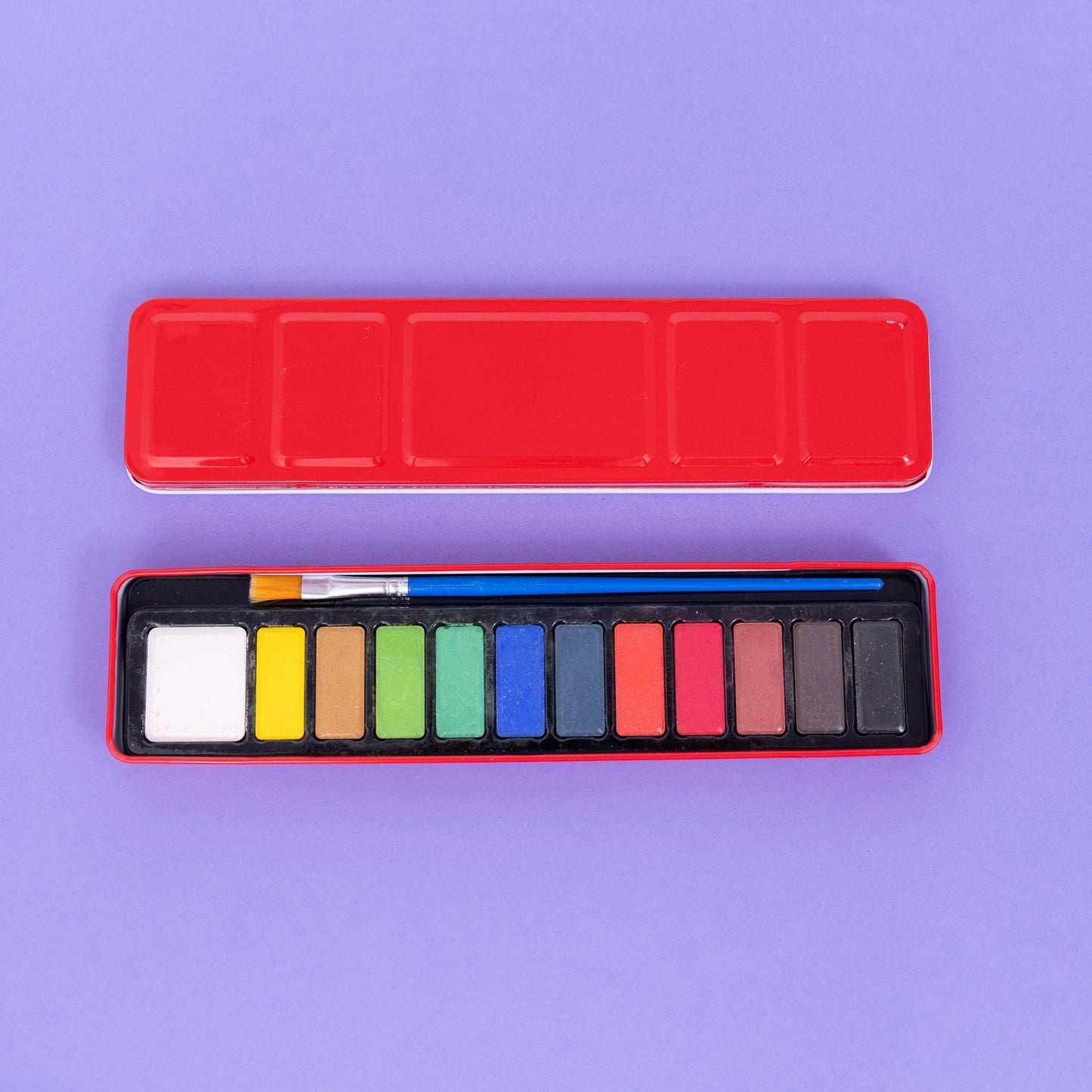 Artist Watercolour Paint Set of 12 Colour Blocks Pans & Paintbrush In Metal Tin