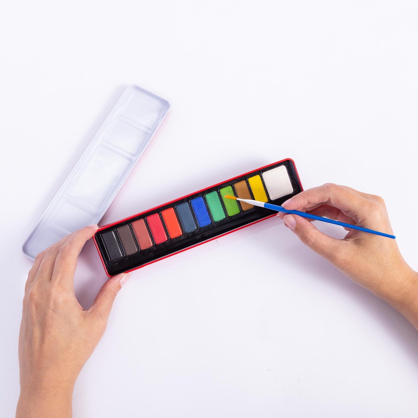 Artist Watercolour Paint Set of 12 Colour Blocks Pans & Paintbrush In Metal Tin