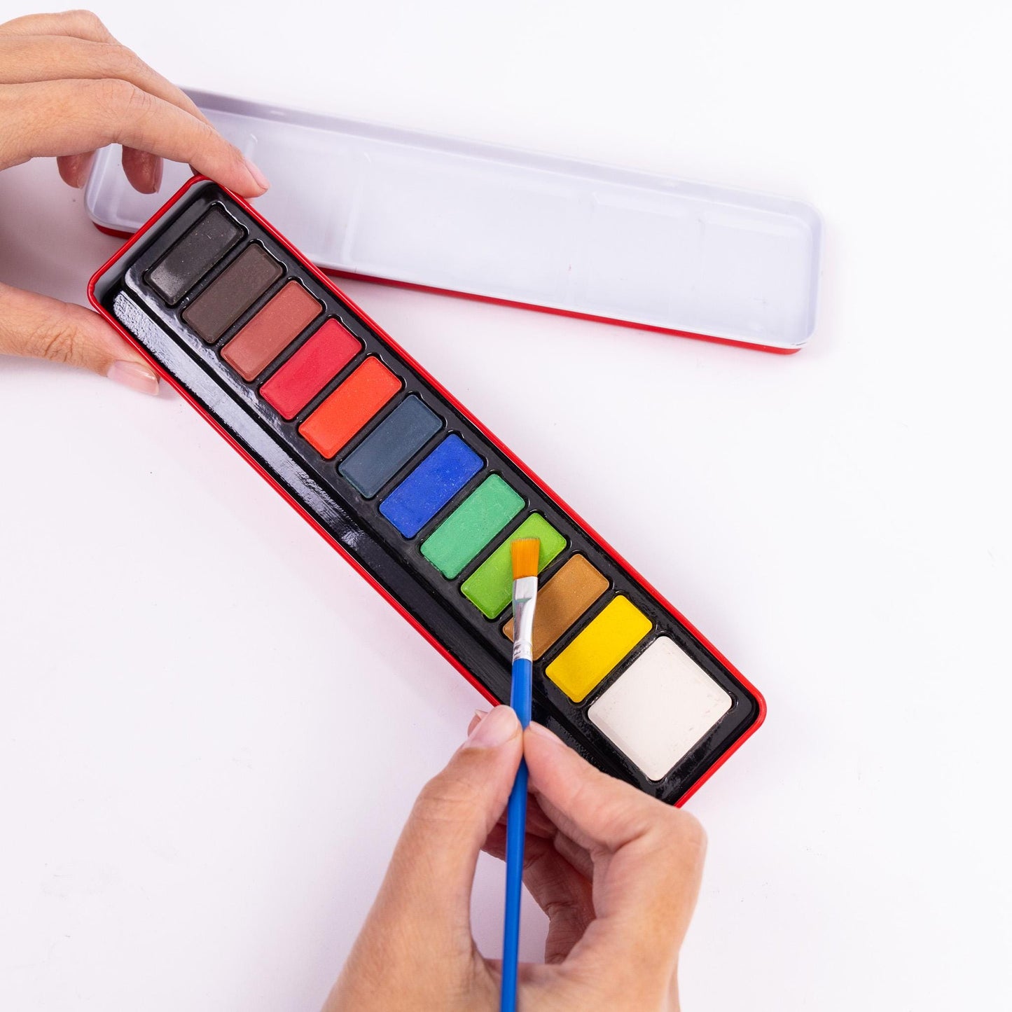 Artist Watercolour Paint Set of 12 Colour Blocks Pans & Paintbrush In Metal Tin