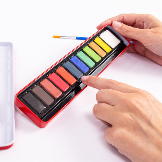 Artist Watercolour Paint Set of 12 Colour Blocks Pans & Paintbrush In Metal Tin