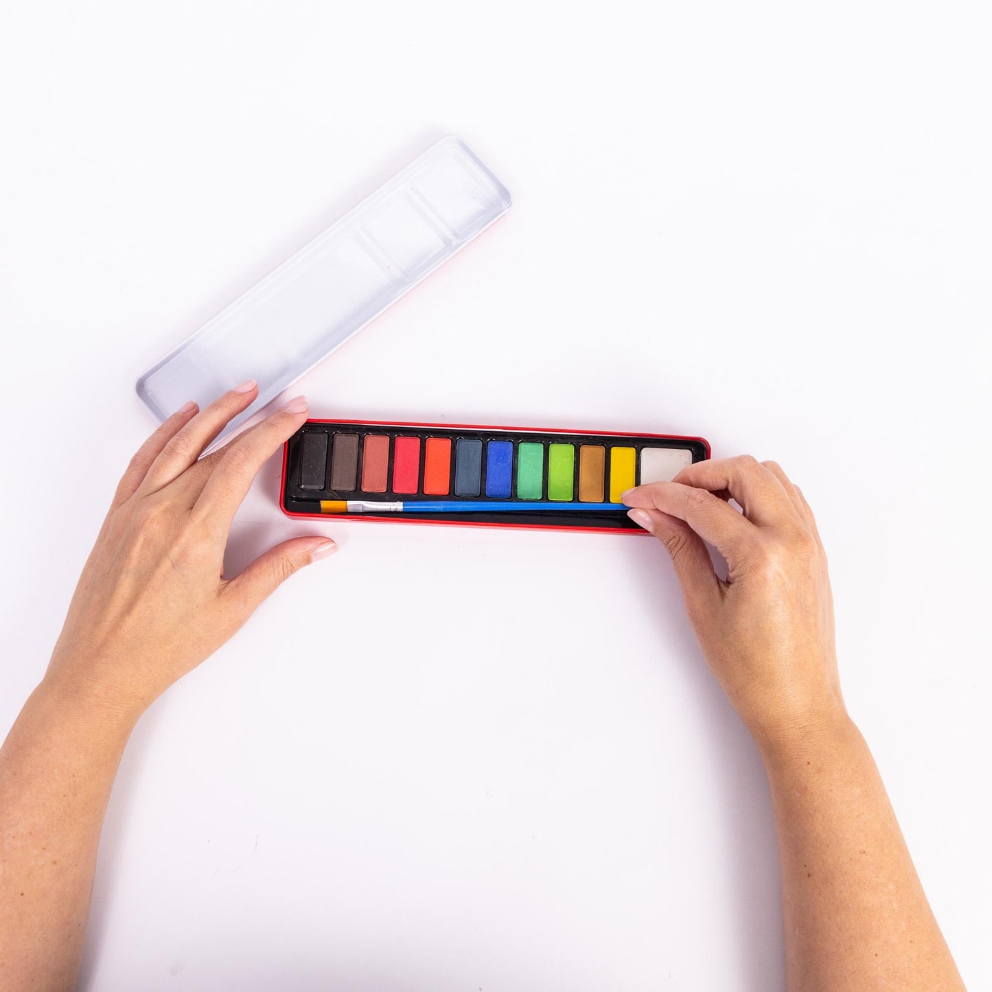 Artist Watercolour Paint Set of 12 Colour Blocks Pans & Paintbrush In Metal Tin