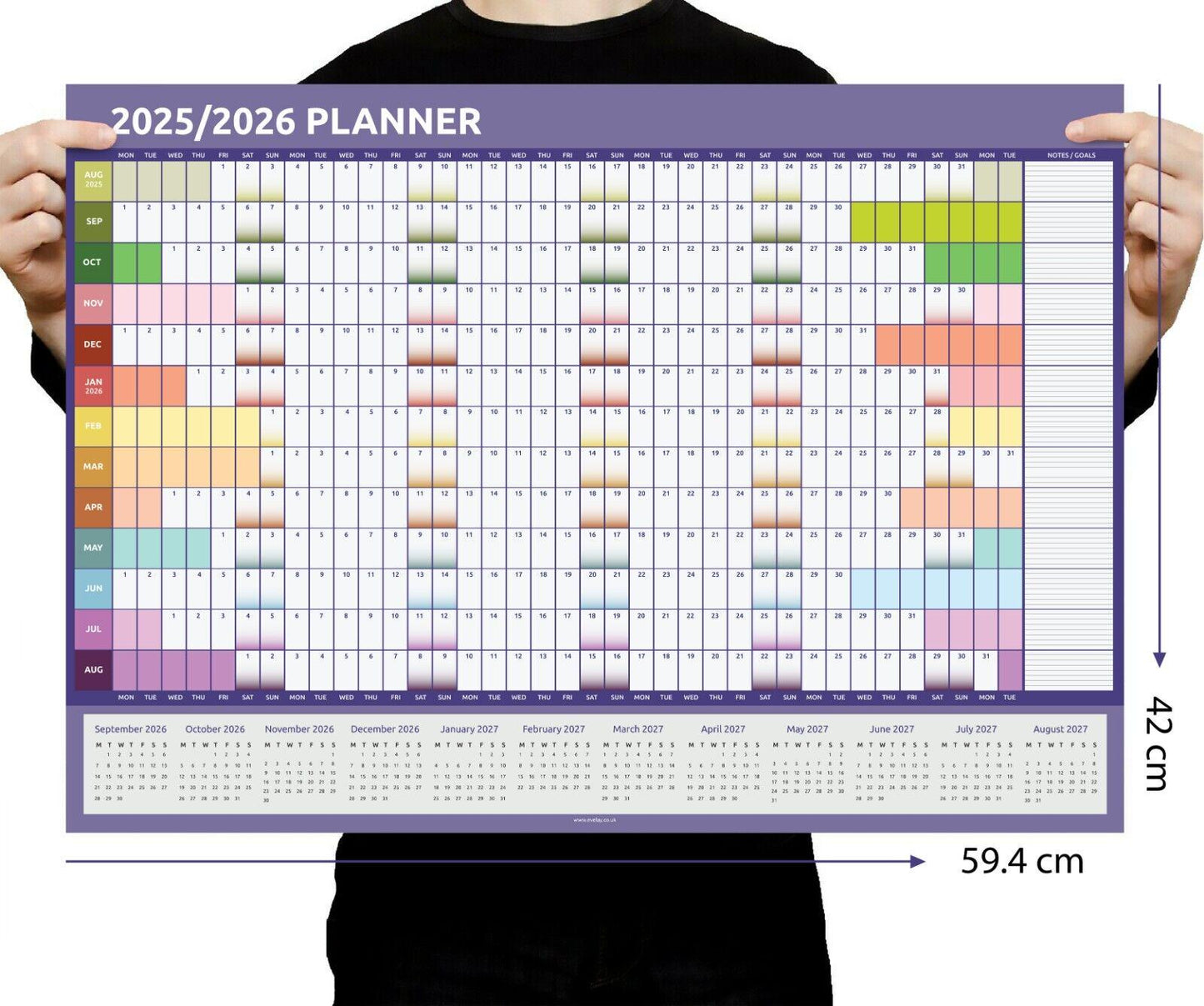 2025 - 2026 A2 Academic Mid Year Wall Planner Calendar Home Office Work Rainbow